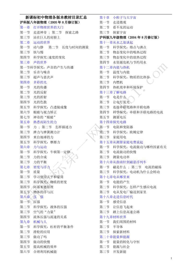 新课标初中物理各版本教材目录汇总