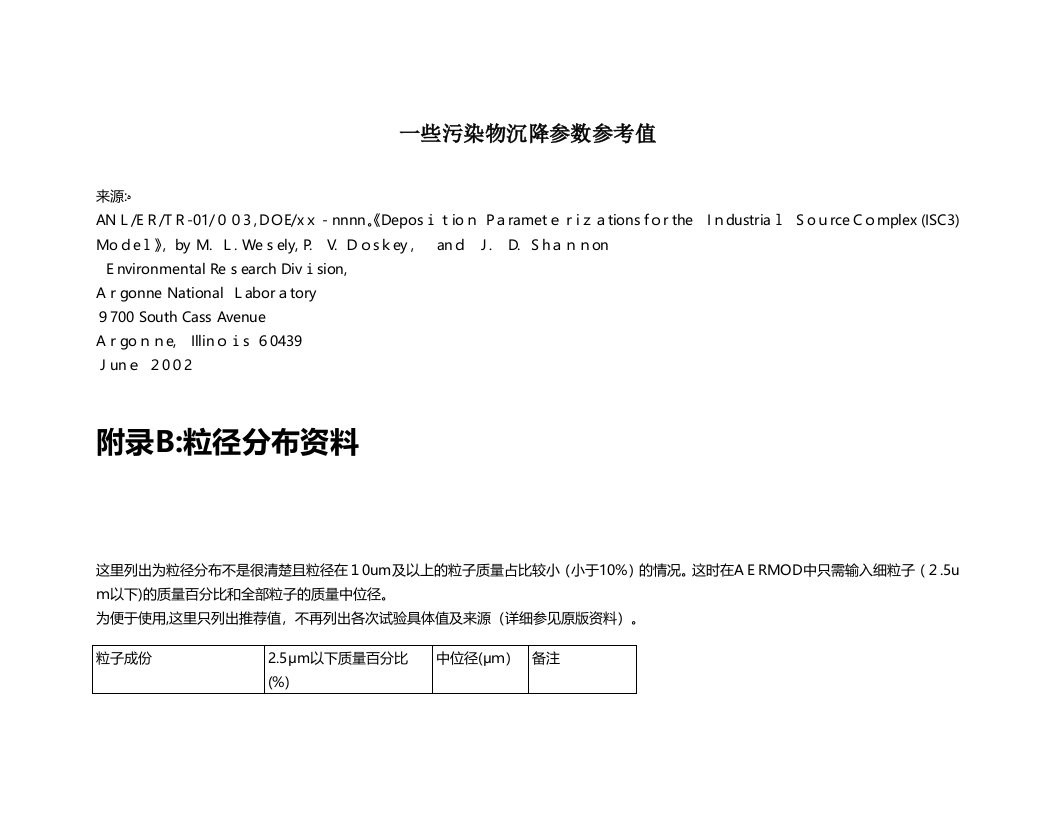 一些污染物沉降参数参考值