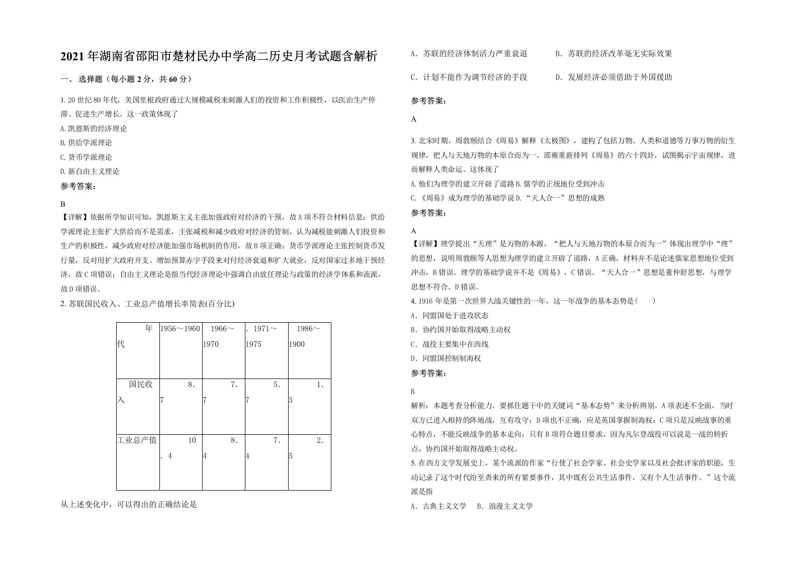 2021年湖南省邵阳市楚材民办中学高二历史月考试题含解析