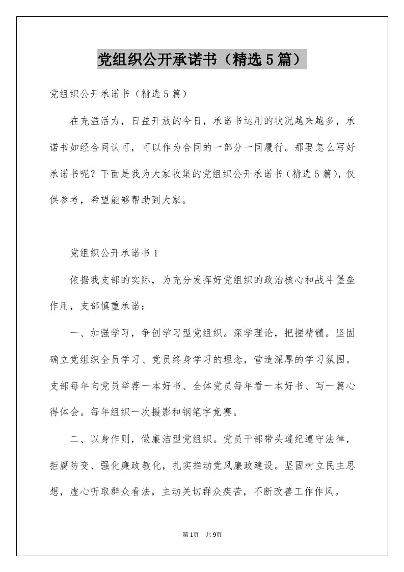 党组织公开承诺书精选5篇