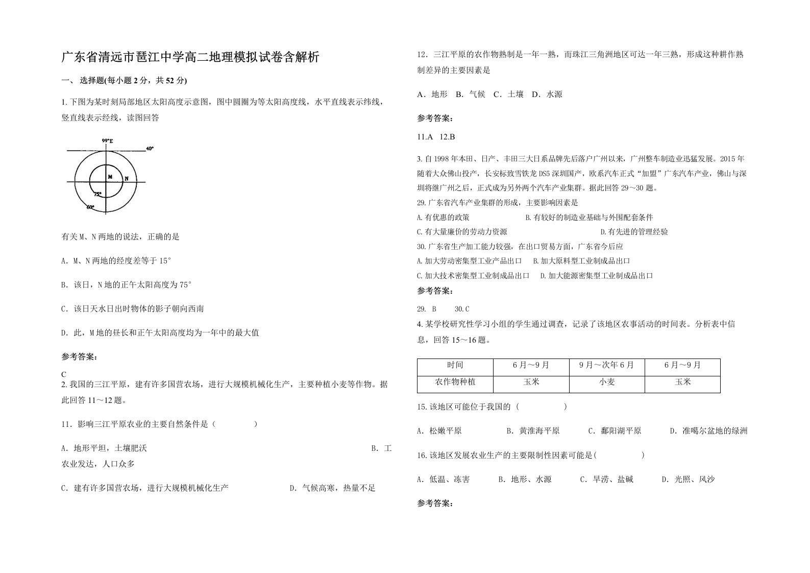 广东省清远市琶江中学高二地理模拟试卷含解析