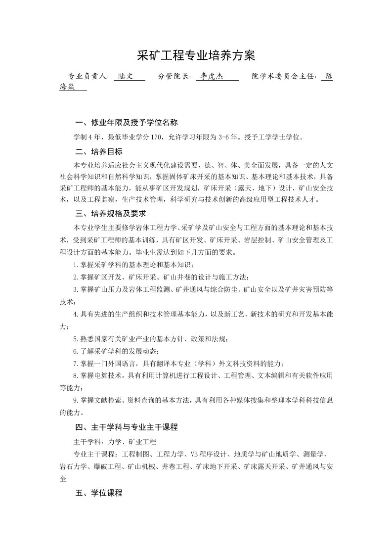 采矿工程专业培养方案