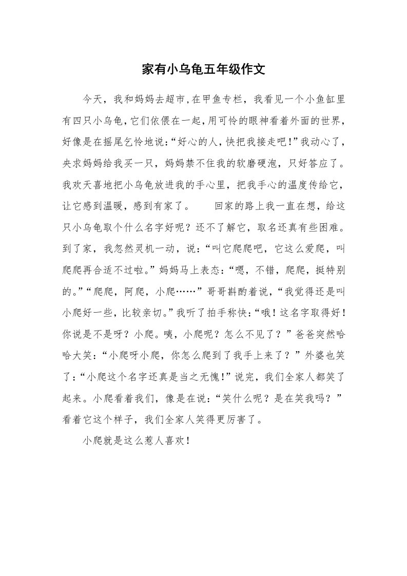 家有小乌龟五年级作文