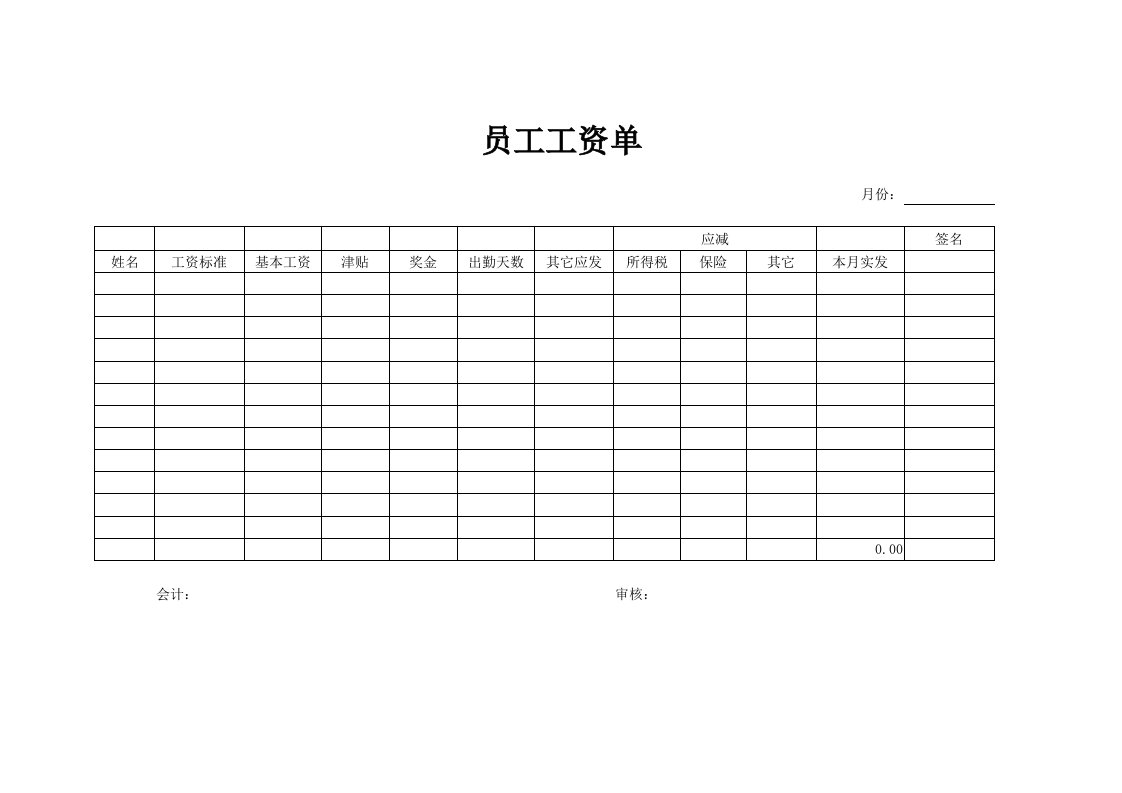 企业员工工资表单