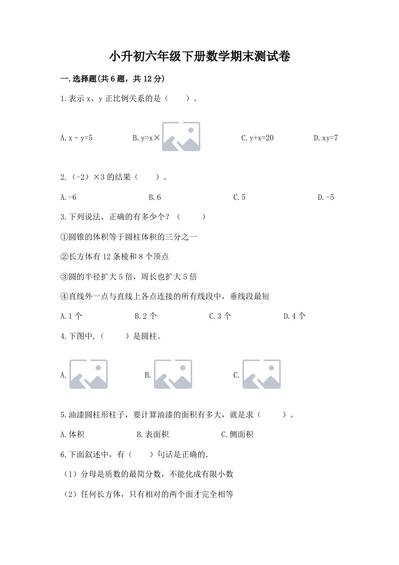 小升初六年级下册数学期末测试卷含完整答案（历年真题）