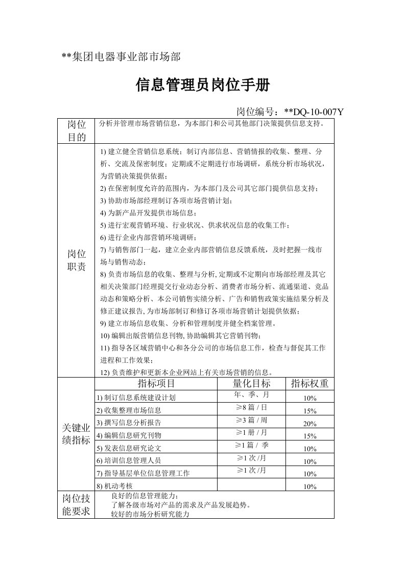 电器事业部市场部信息管理员岗位手册一