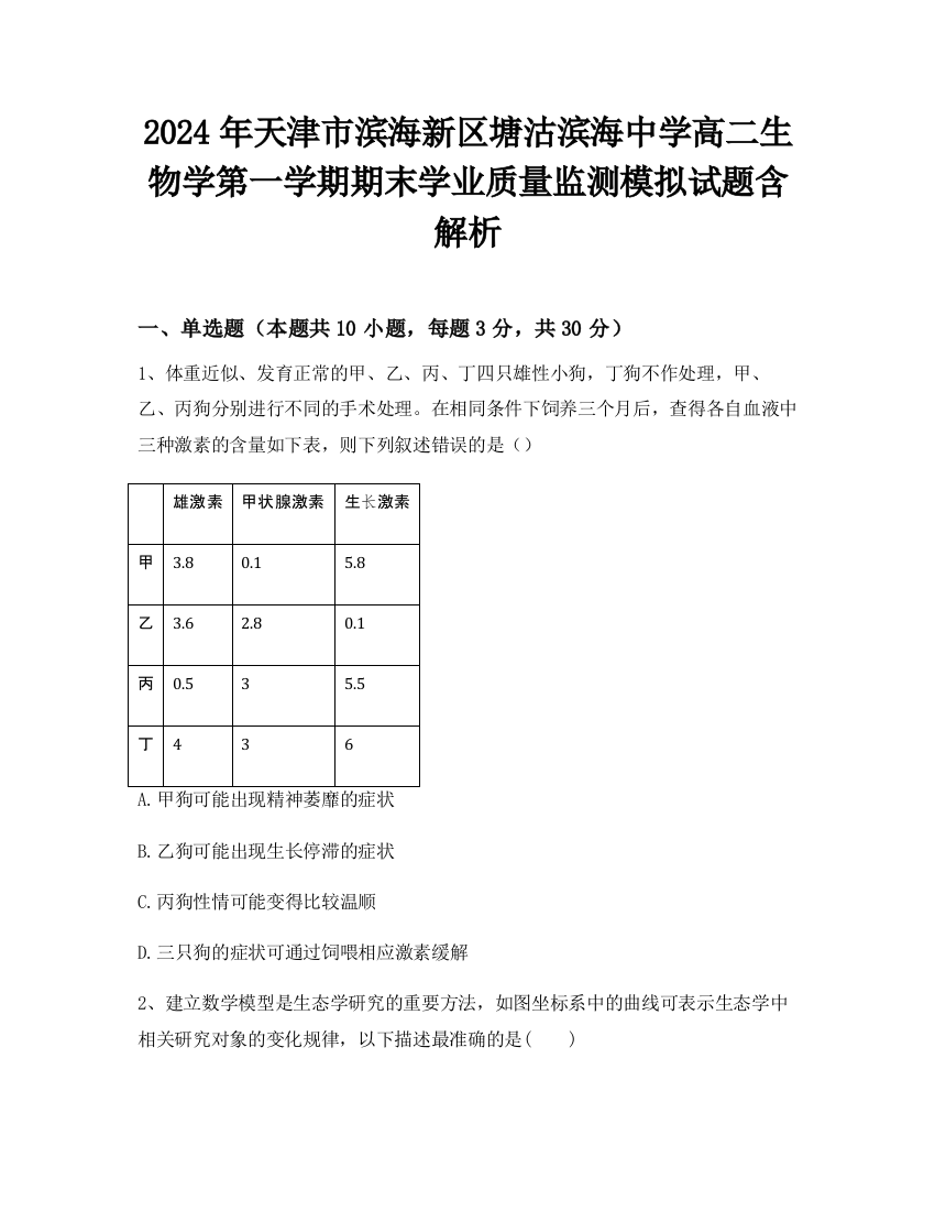 2024年天津市滨海新区塘沽滨海中学高二生物学第一学期期末学业质量监测模拟试题含解析