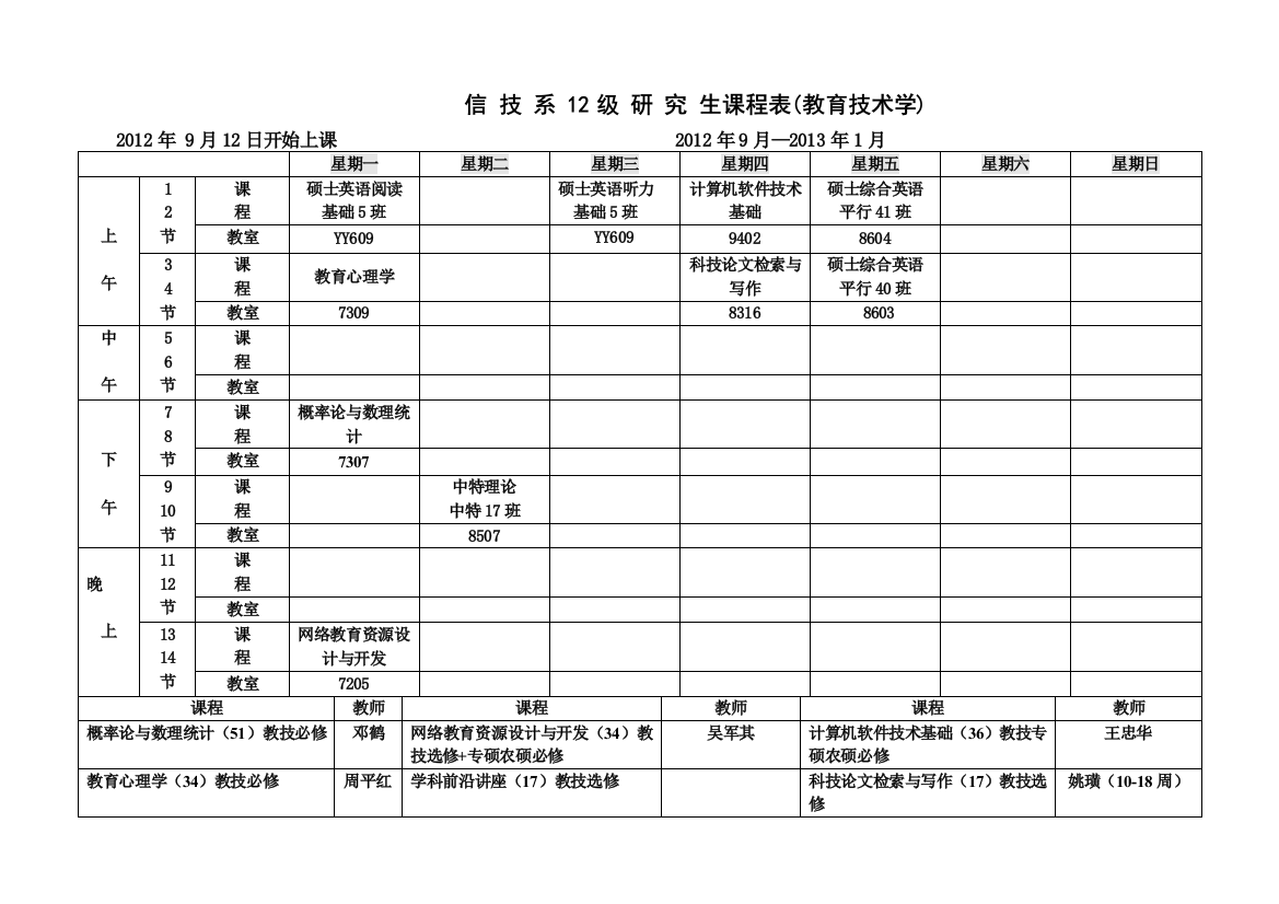 2012--2013学年第一学期研究生课表1222doc