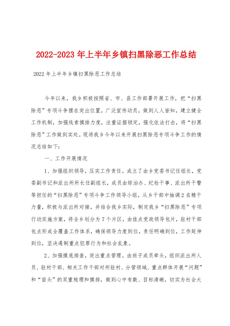 2022-2023年上半年乡镇扫黑除恶工作总结