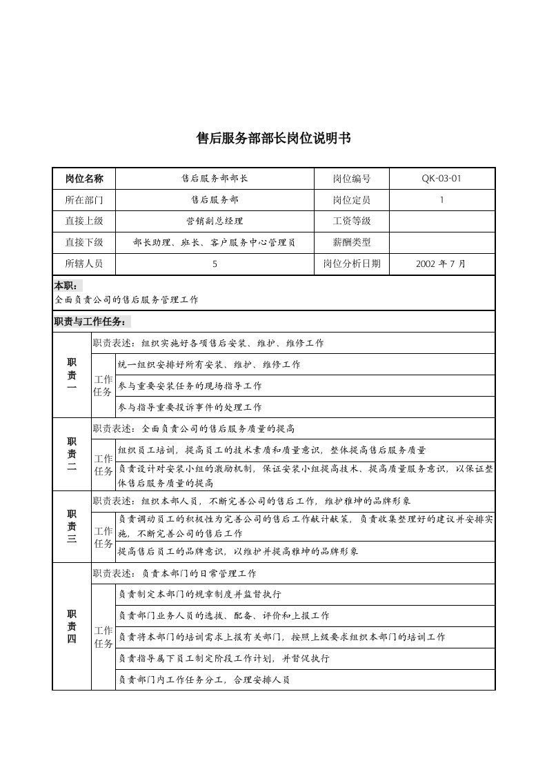 售后服务部部长的主要职责