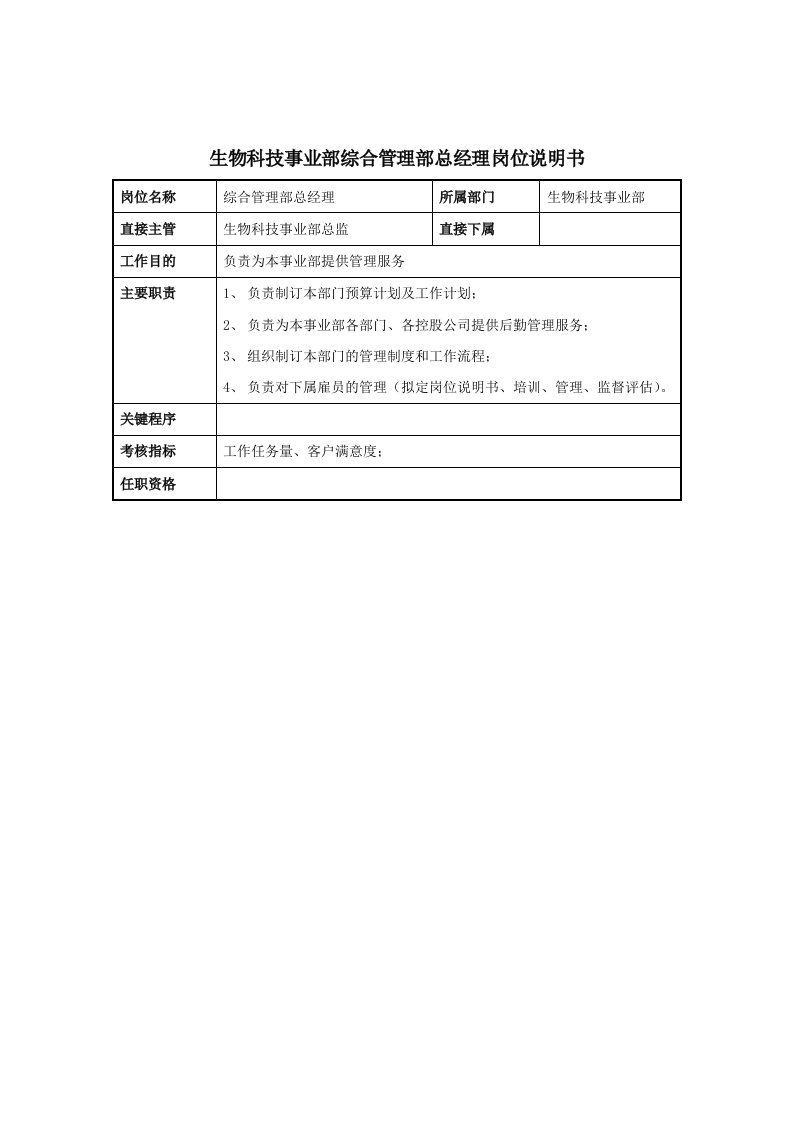 生物科技-生物科技事业部综合管理部总经理岗位说明书