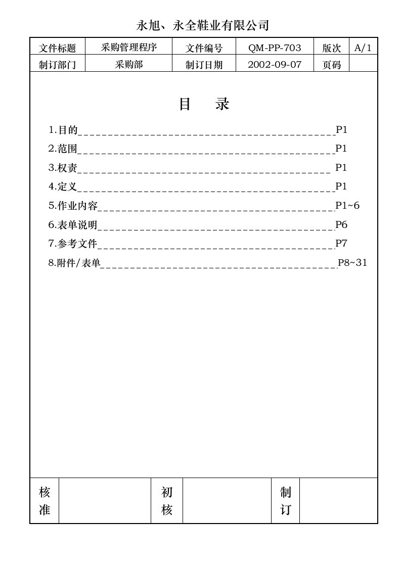 永旭、永全鞋业有限公司采购管理程序