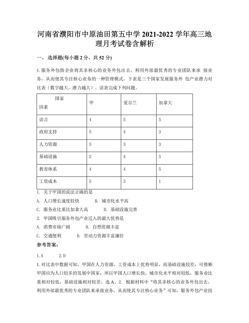 河南省濮阳市中原油田第五中学2021-2022学年高三地理月考试卷含解析