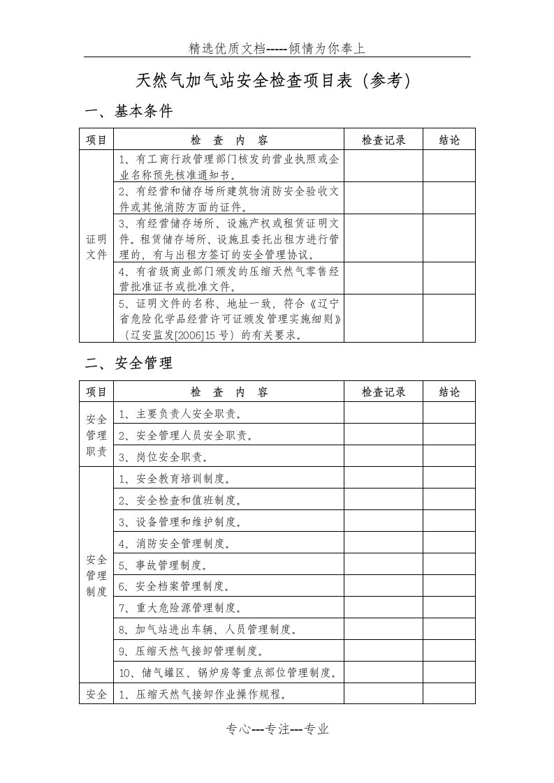 天然气加气站安全检查内容(参考)(共11页)