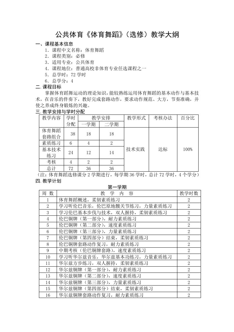 公共体育《体育舞蹈》（选修）教学大纲