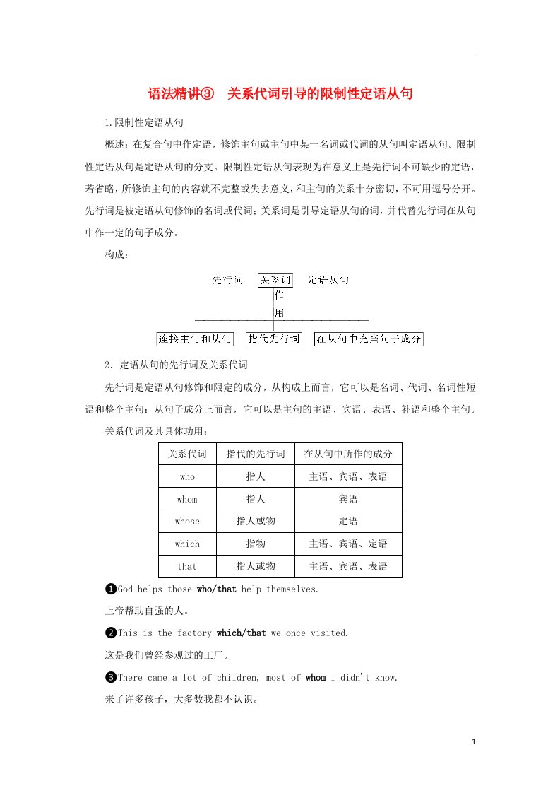 2022_2023学年新教材高中英语Unit3Gettingalongwithothers语法精讲3关系代词引导的限制性定语从句学案牛津译林版必修第一册