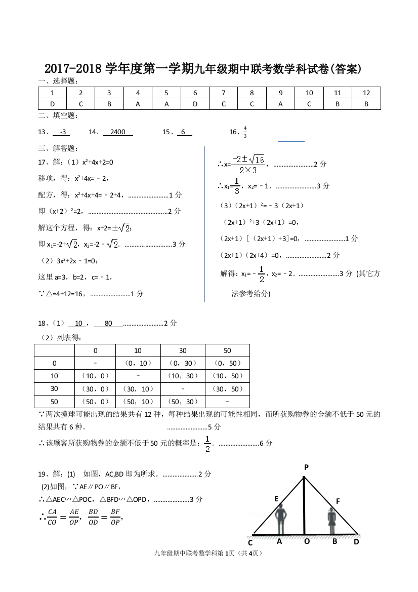 【小学中学教育精选】【小学中学教育精选】【小学中学教育精选】(答案）2017-2018学年度第一学期九年级期中联考数学科试卷