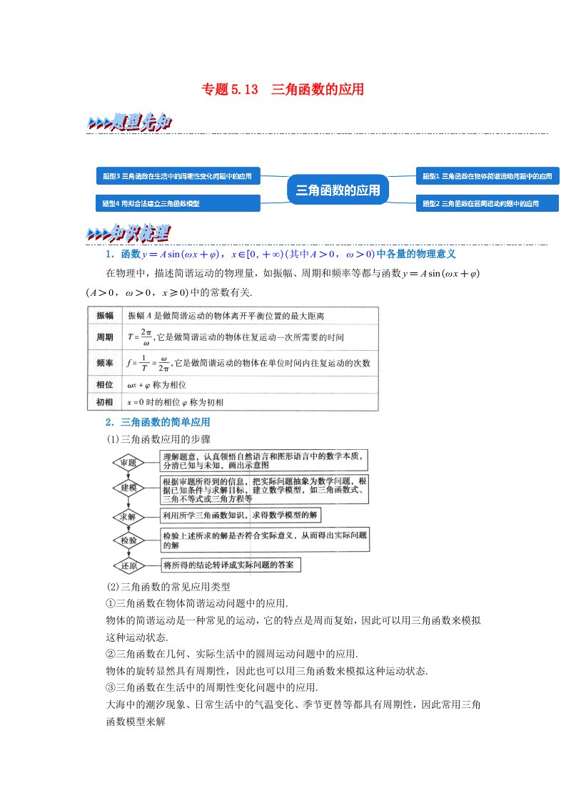 2024年高中数学专题5_13重难点题型培优精讲三角函数的应用教师版新人教A版必修第一册