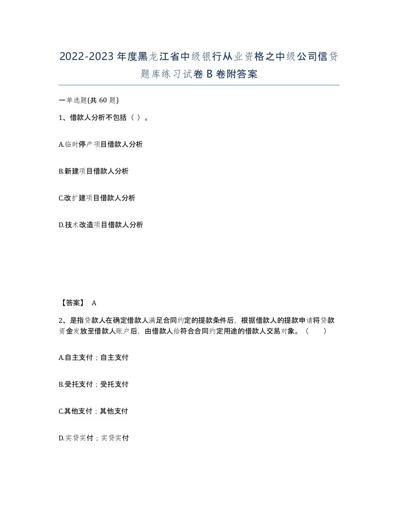 2022-2023年度黑龙江省中级银行从业资格之中级公司信贷题库练习试卷B卷附答案