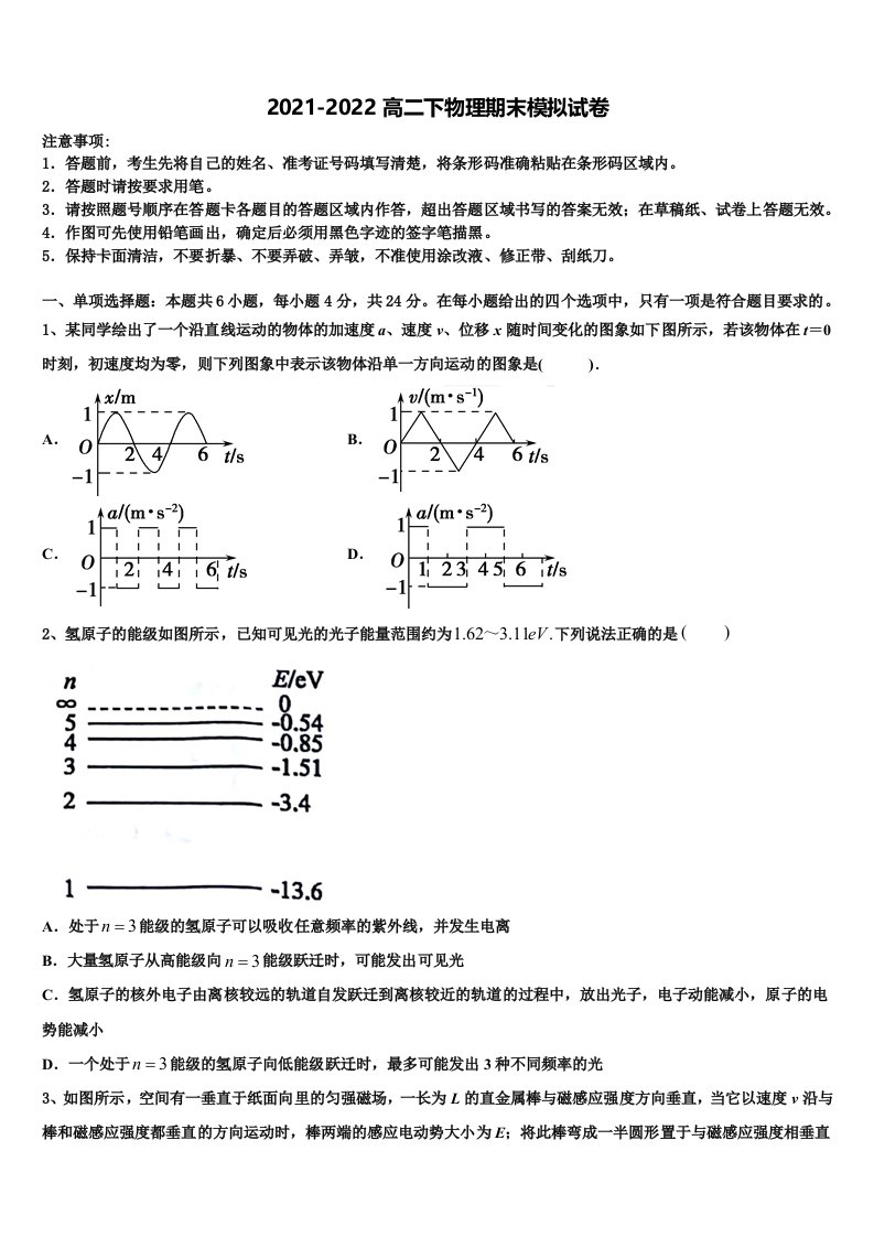 2022年山东省山东师大附中物理高二第二学期期末综合测试试题含解析