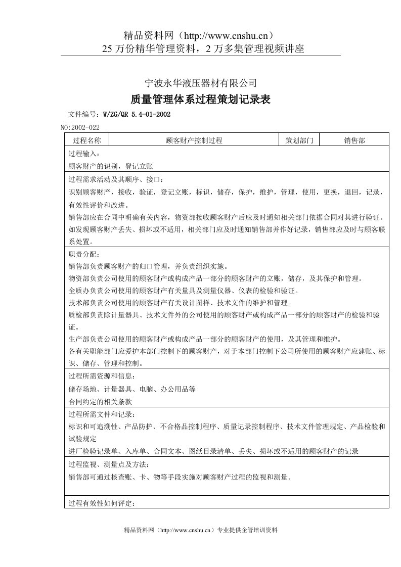 质量管理表格-策划表-顾客财产