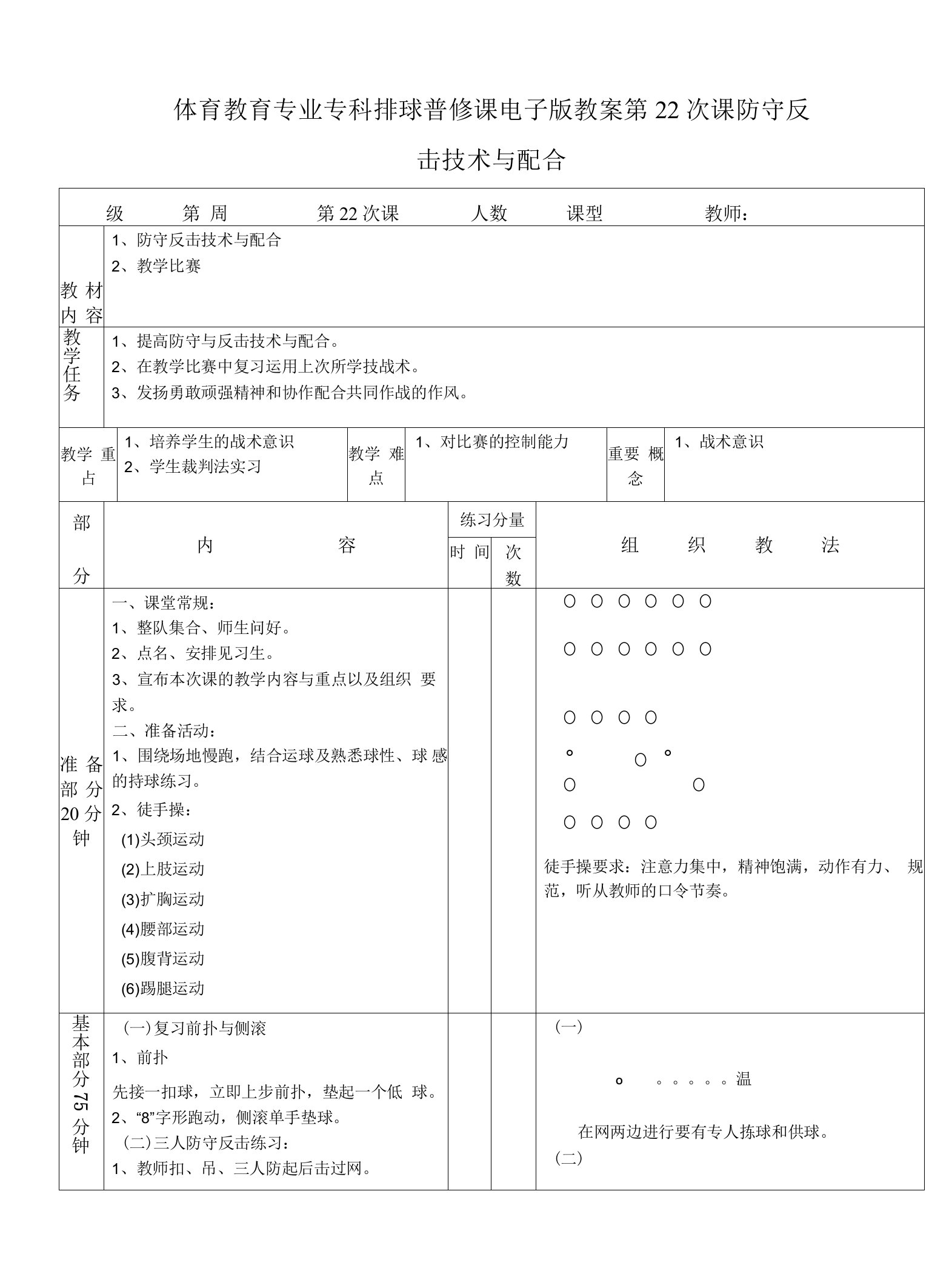 体育教育专业专科排球普修课电子版教案第22次课防守反击技术与配合