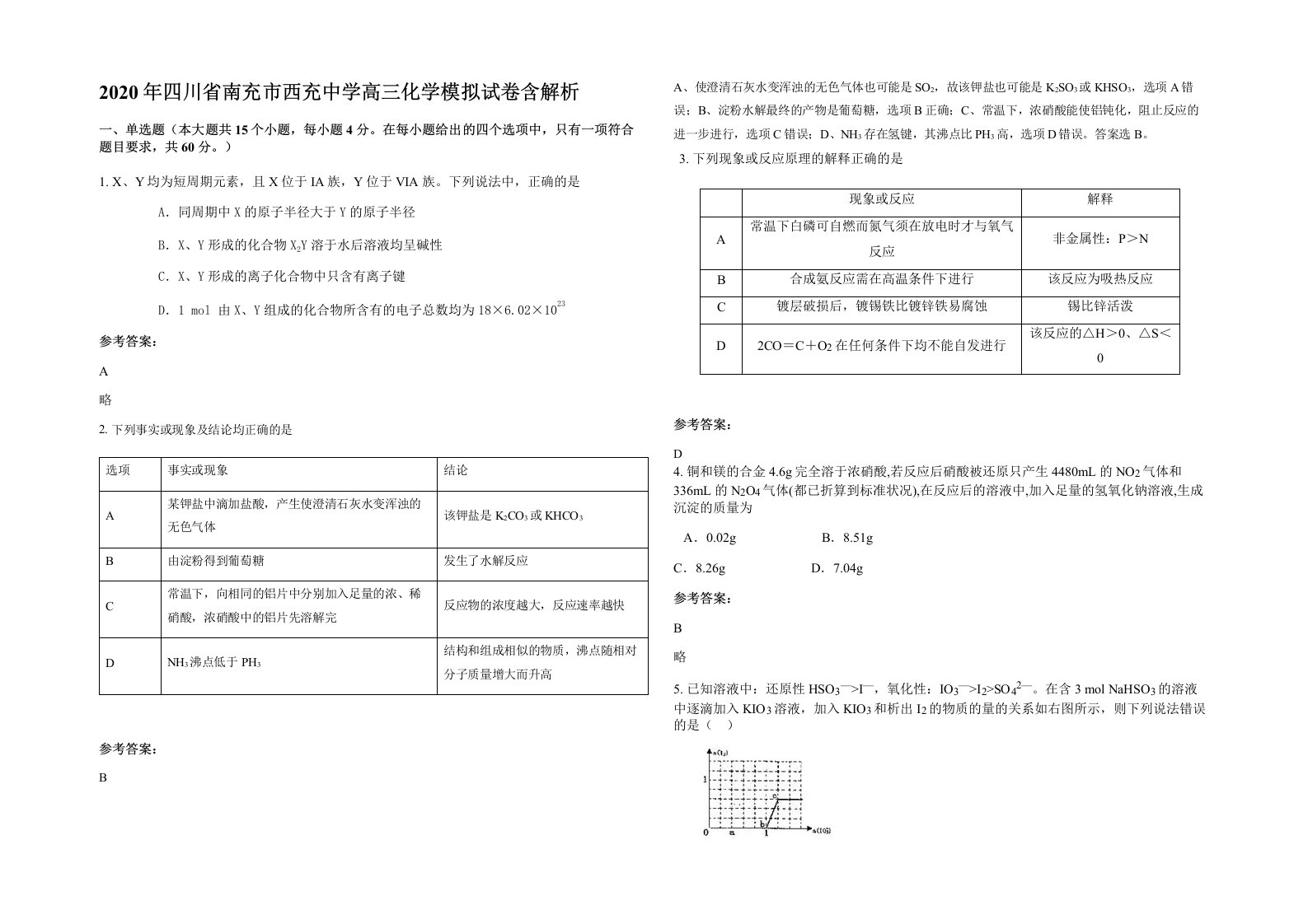 2020年四川省南充市西充中学高三化学模拟试卷含解析