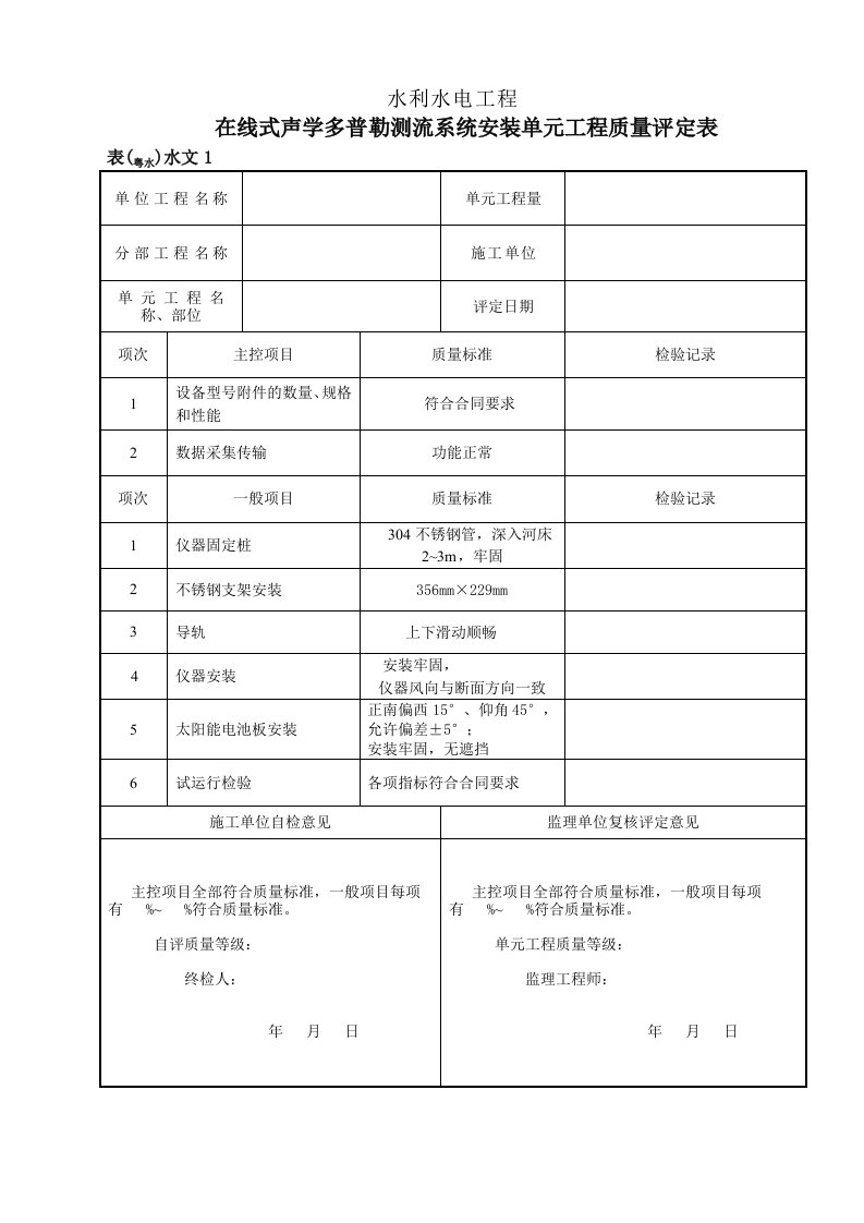 表(粤水)水文1-在线测流单元工程质量评定表