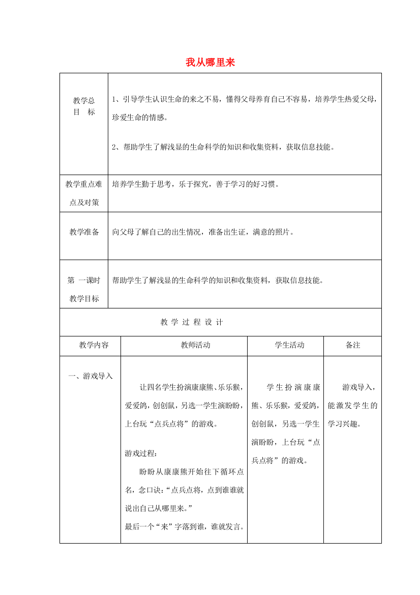 六年级科学下册《我从哪里来》表格式教案