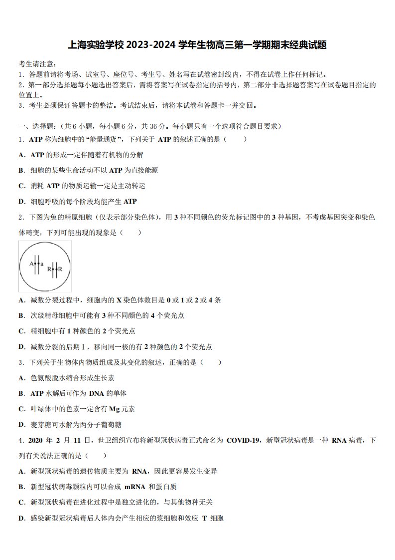 上海实验学校2023-2024学年生物高三第一学期期末经典试题含解析667