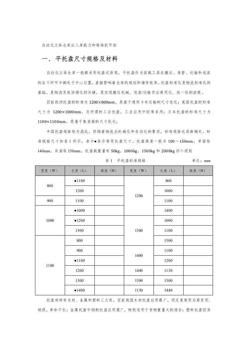 自动化立体仓库出入库能力及堆垛机节拍