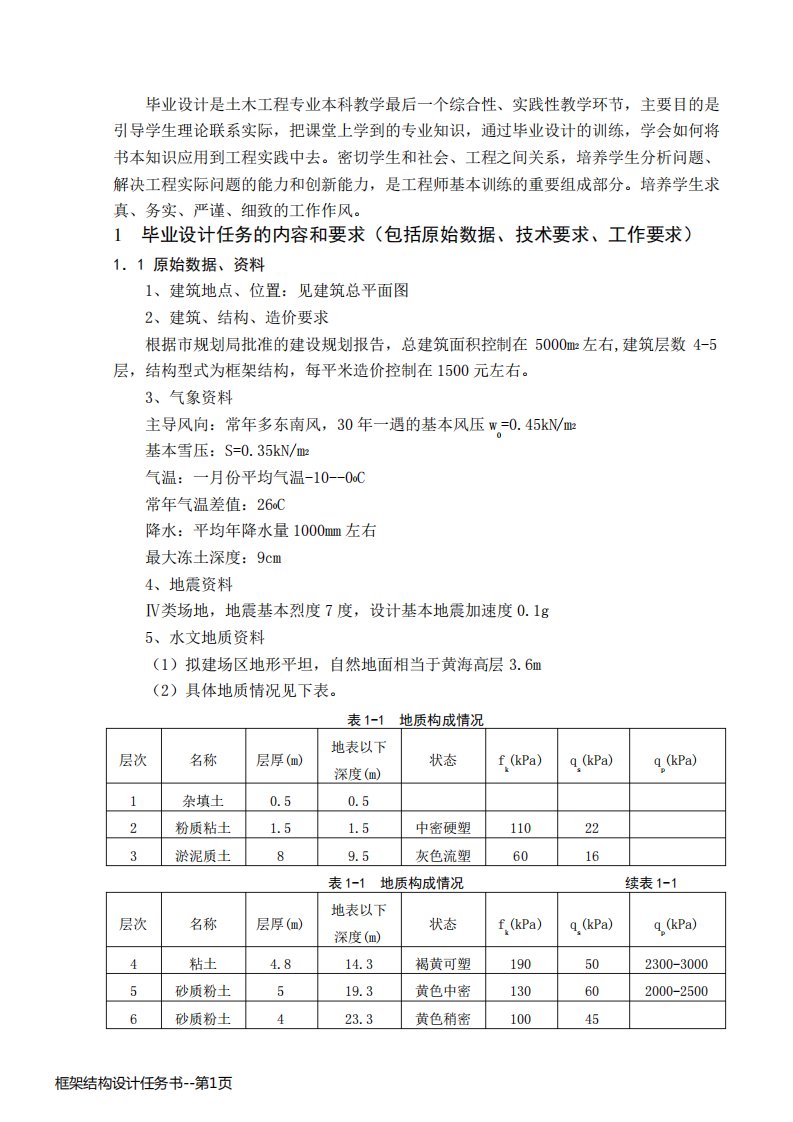 框架结构设计任务书