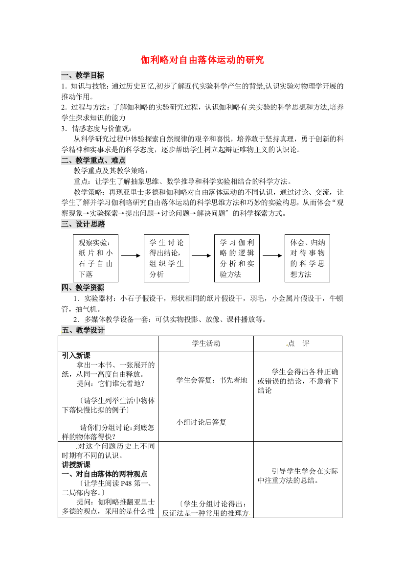 伽利略对自由落体运动的研究