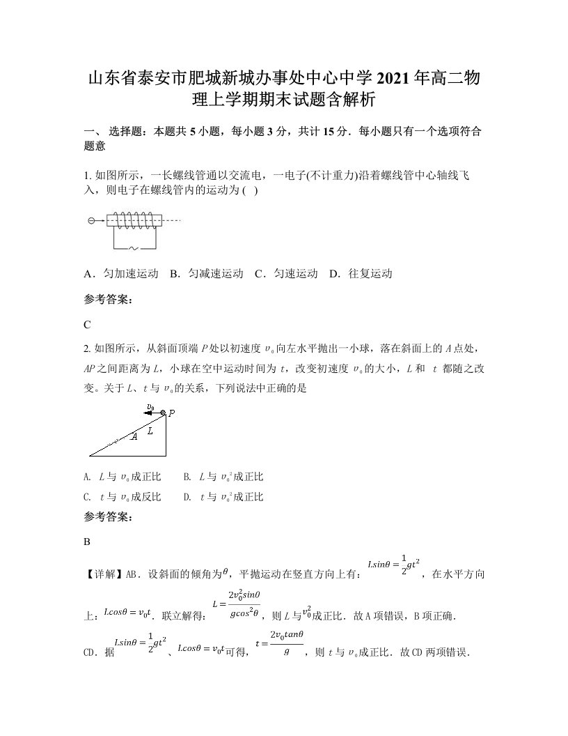 山东省泰安市肥城新城办事处中心中学2021年高二物理上学期期末试题含解析