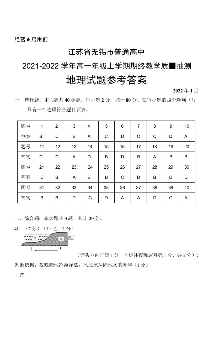 江苏省无锡市普通高中2021-2022学年高一年级上学期期终教学质量抽测地理参考答案