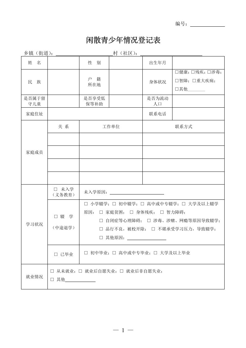 闲散青少年情况登记表(完整版)