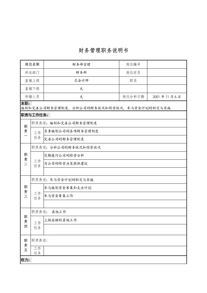 宝地建设集团财务部财务管理职务说明书