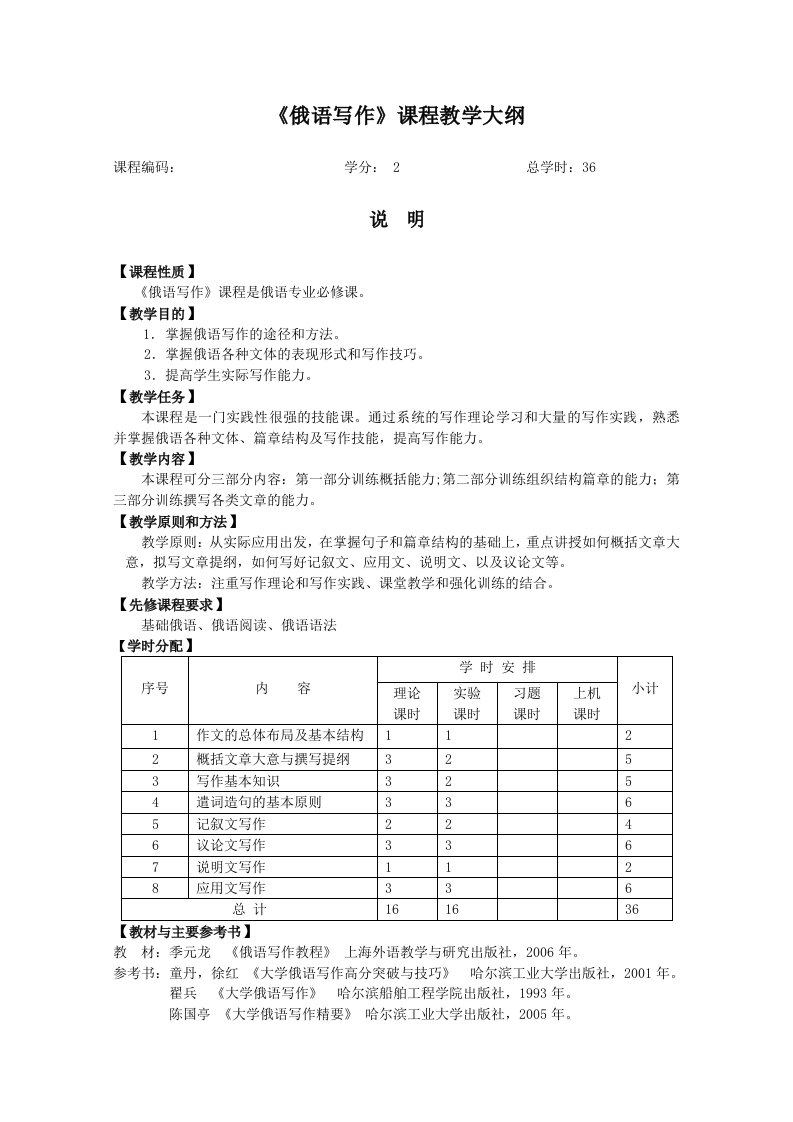 俄语写作课程教学大纲