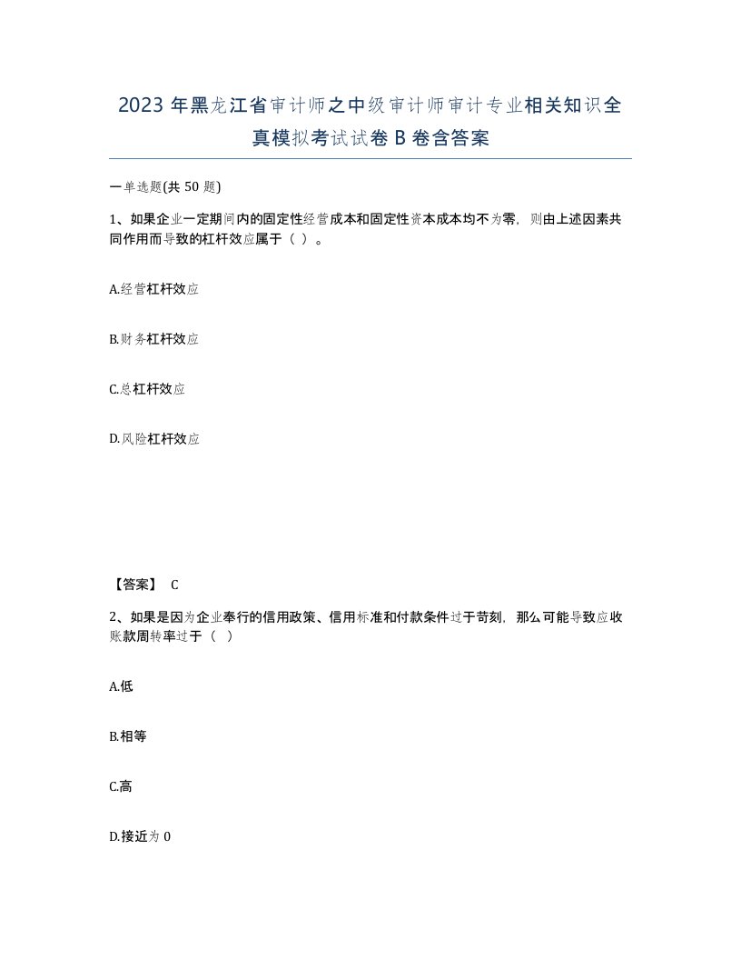 2023年黑龙江省审计师之中级审计师审计专业相关知识全真模拟考试试卷B卷含答案