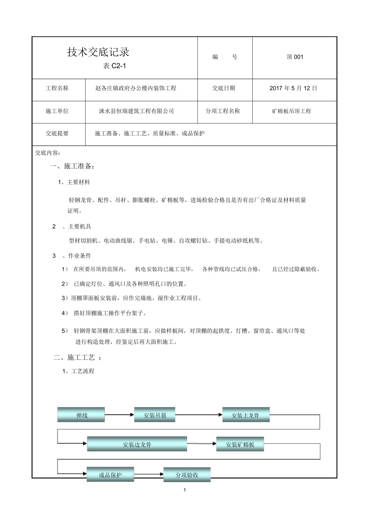 轻钢龙骨矿棉吸音板吊顶施工技术交底