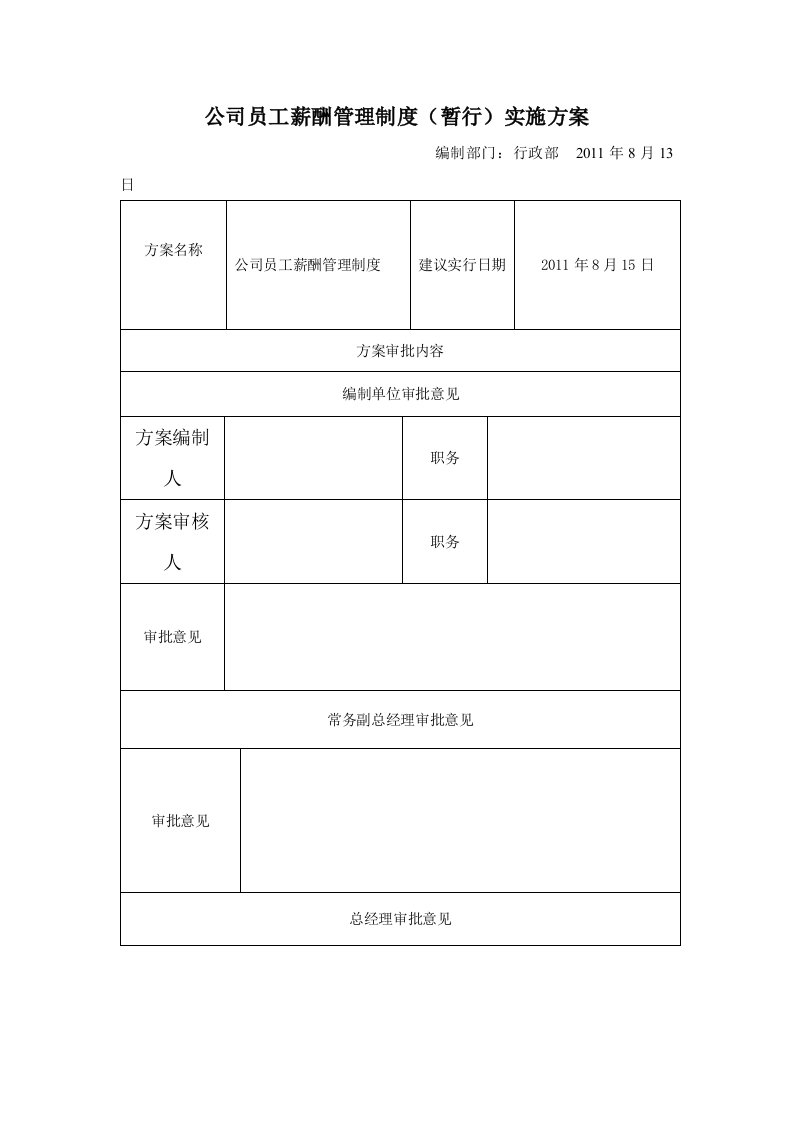 公司员工薪酬管理制度(暂行)实施方案