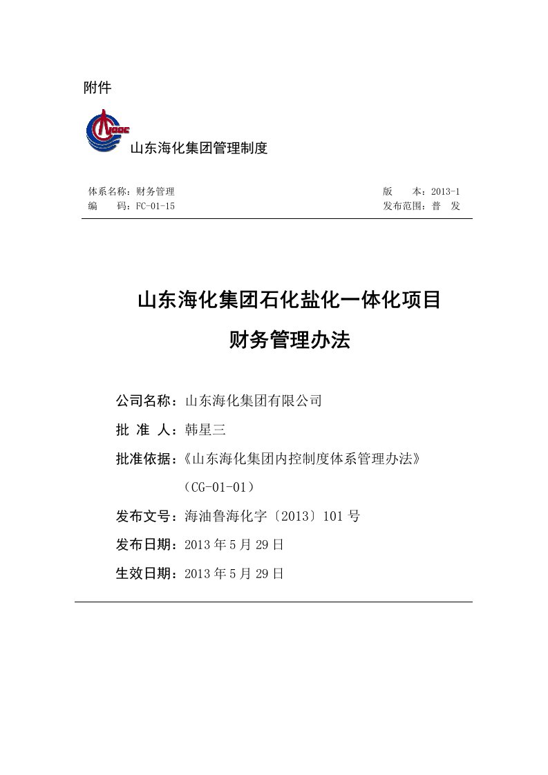 山东海化集团石化盐化一体化项目财务管理办法