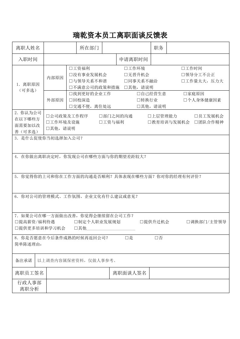 离职面谈反馈表