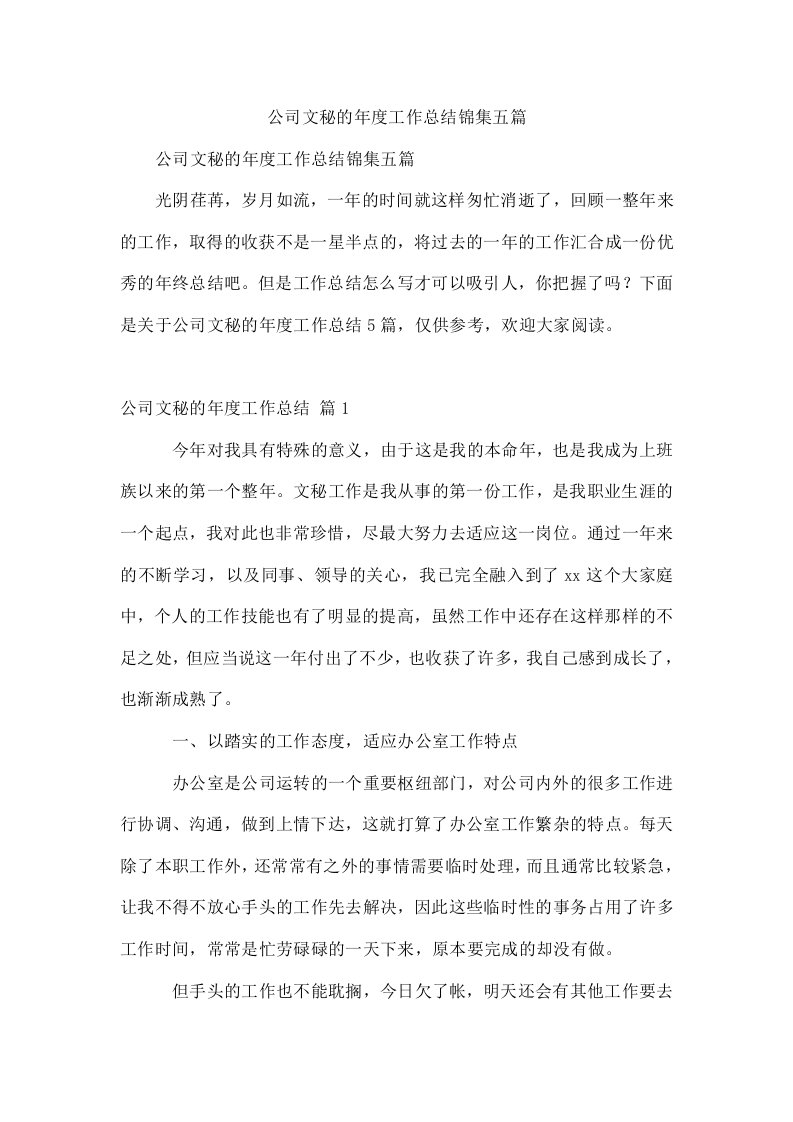 公司文秘的年度工作总结锦集五篇