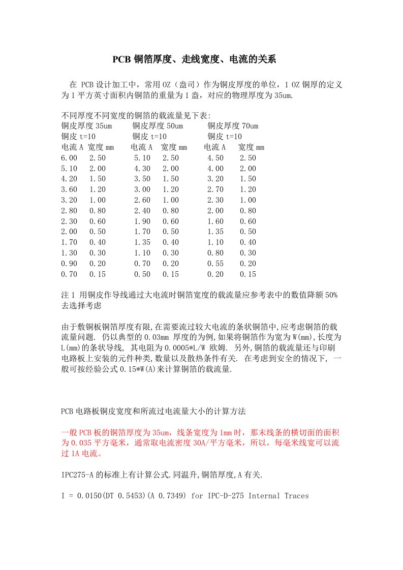 PCB铜箔厚度、走线宽度、电流的关系