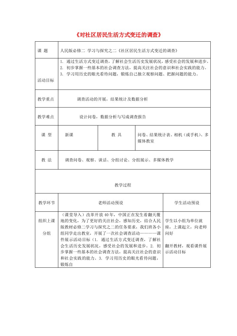 2020_2021学年高中历史学习与探究二对社区居民生活方式变迁的调查2教学教案人民版必修2