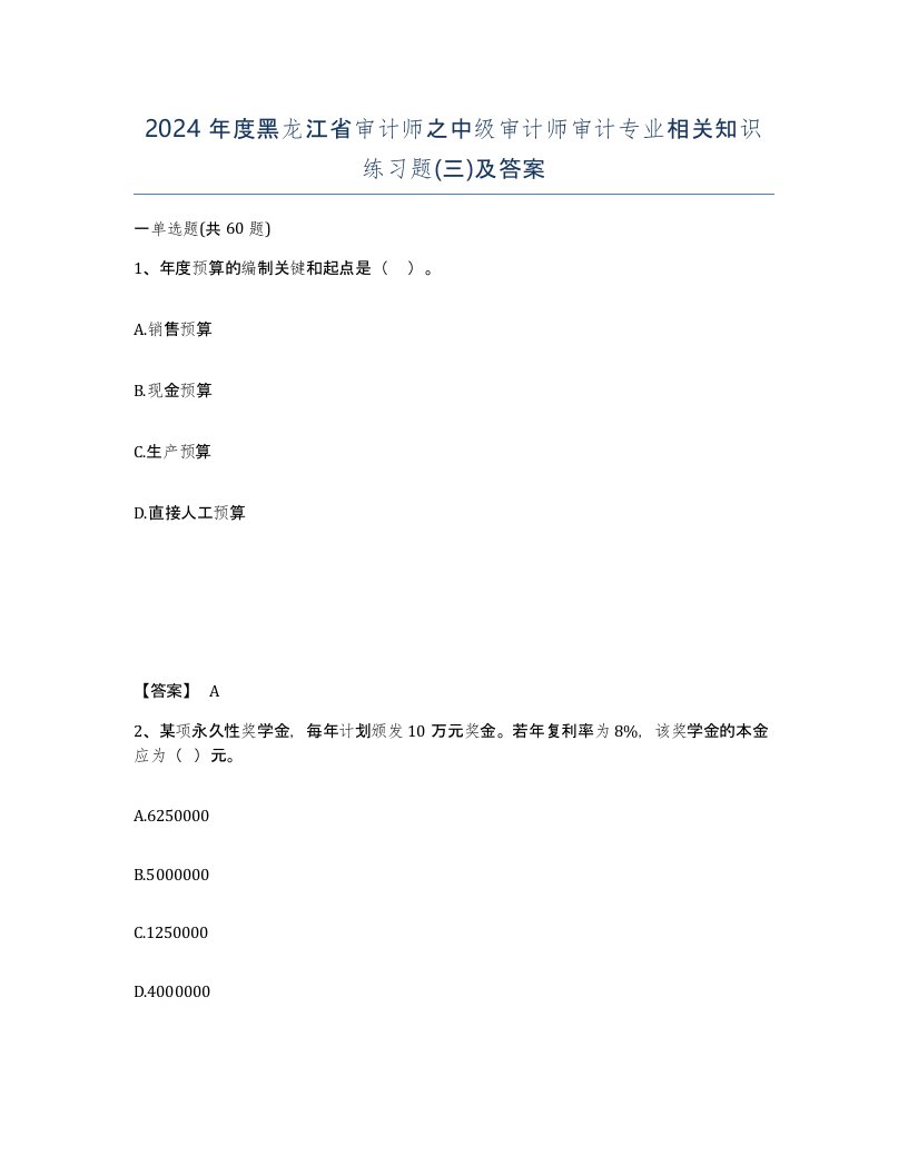 2024年度黑龙江省审计师之中级审计师审计专业相关知识练习题三及答案