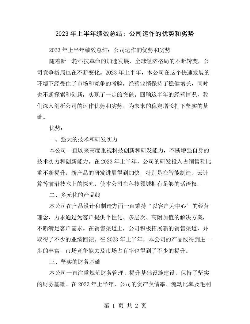 2023年上半年绩效总结：公司运作的优势和劣势