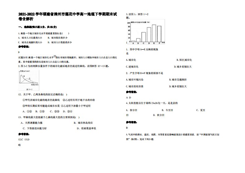 2021-2022学年福建省漳州市莲花中学高一地理下学期期末试卷含解析