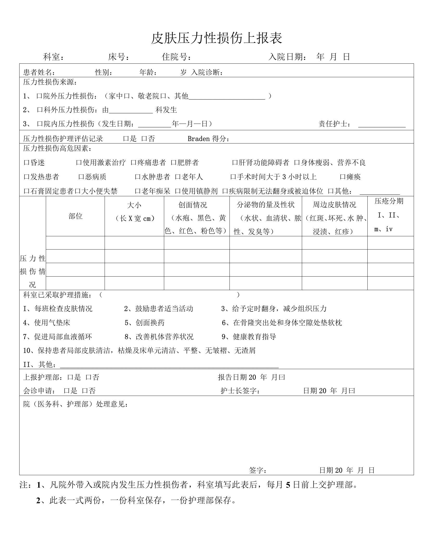 医院皮肤压力性损伤上报表